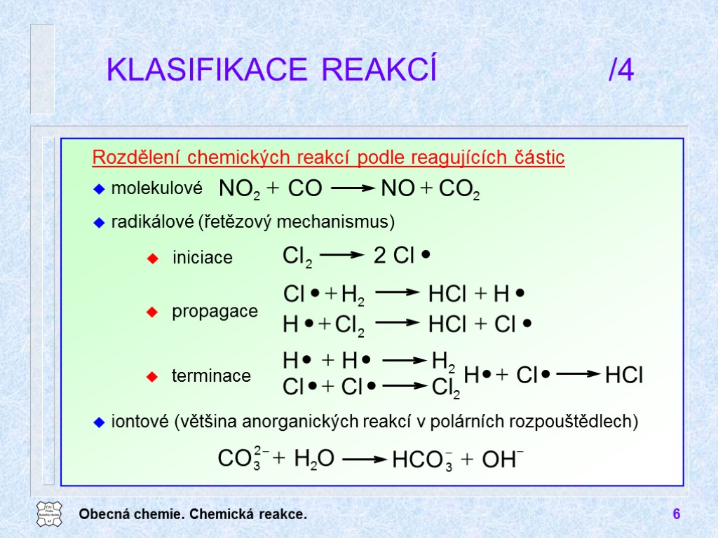 Obecná chemie. Chemická reakce. 6 KLASIFIKACE REAKCÍ /4 Rozdělení chemických reakcí podle reagujících částic